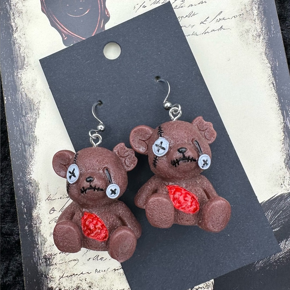 Brown Dead Teddy Bear Earrings Zombie Bear Earrings